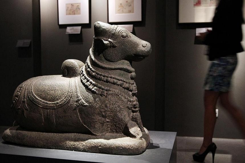 A stone sculpture of Nandi, the bull mount of the Hindu god Shiva, bought for US$55,250, remains on display at the Asian Civilisations Museum's South Asia gallery. It is among the 30 items acquired by the museum from Art of the Past gallery in New Yo