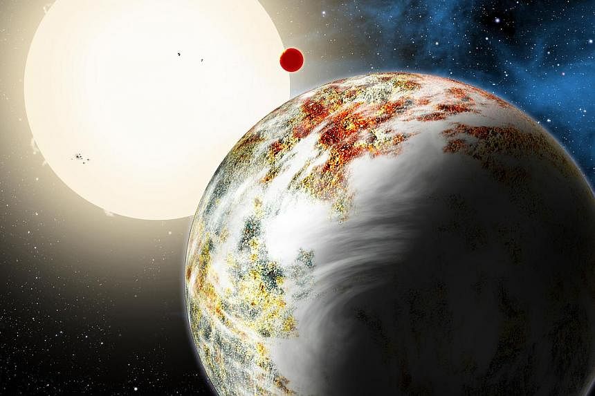 The newly discovered Kepler-10c dominates the foreground in this artist's conception. Its sibling, Kepler-10b, is in the background. Both orbit a sunlike star. -- PHOTO:&nbsp;David A. Aguilar, Harvard Smithsonian Center for Astrophysics