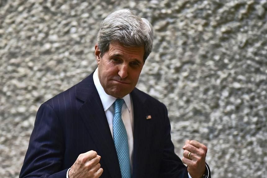 US Secretary of State John Kerry gestures after a conference in the framework of the Cleantech Challenge Mexico 2014, in Mexico City on May 21, 2014.&nbsp;US Secretary of State John Kerry arrived in Beirut on Wednesday, June 4, 2014, beginning an una