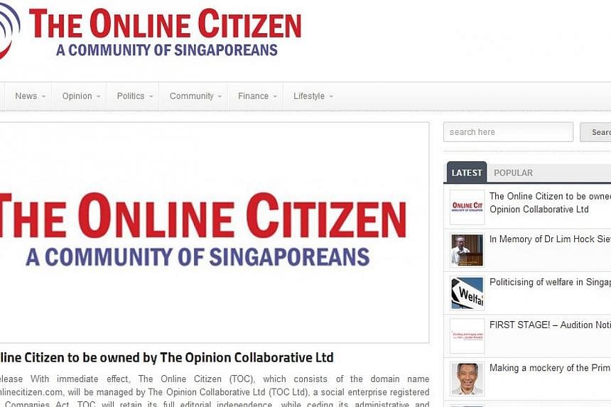 The Online Citizen (TOC) will now be managed by a company set up by its editorial and business team, to make it easier to raise funds for the website.&nbsp;-- PHOTO: SCREENGRAB FROM WEBSITE