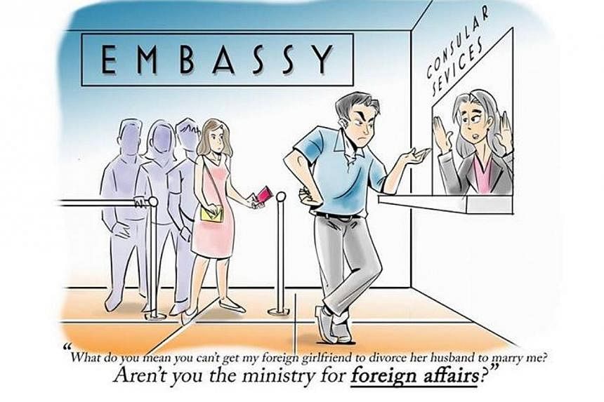 A cartoon of an angry-looking man in an embassy gesturing at the counter staff which accompanied Minister for Foreign Affairs K Shanmugam's light-hearted Facebook post on unusual requests that consular officers had to deal with. -- PHOTO: K SHANMUGAM