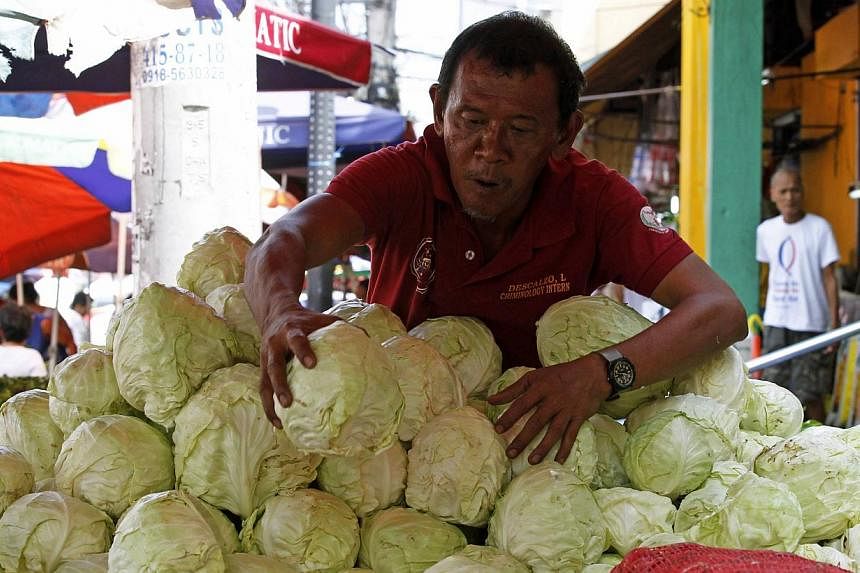 A vendor arranges cabbages at a market in Manila on May 6, 2014. -- PHOTO: REUTERS &nbsp;