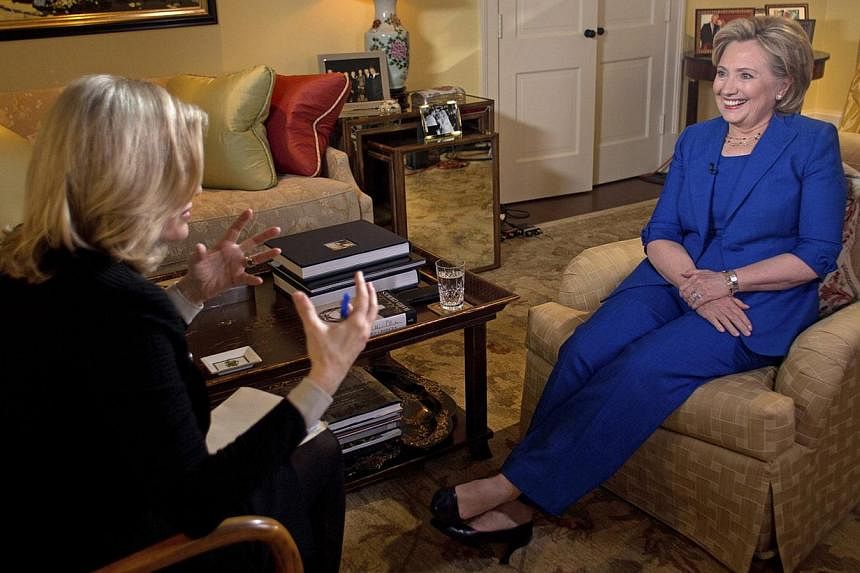 Hillary Clinton talks with ABC News anchor Diane Sawyer for her first television interview in conjunction with the release of her new book titled Hard Choices in this handout photo taken in Washington on June 5, 2014. -- PHOTO: REUTERS&nbsp;