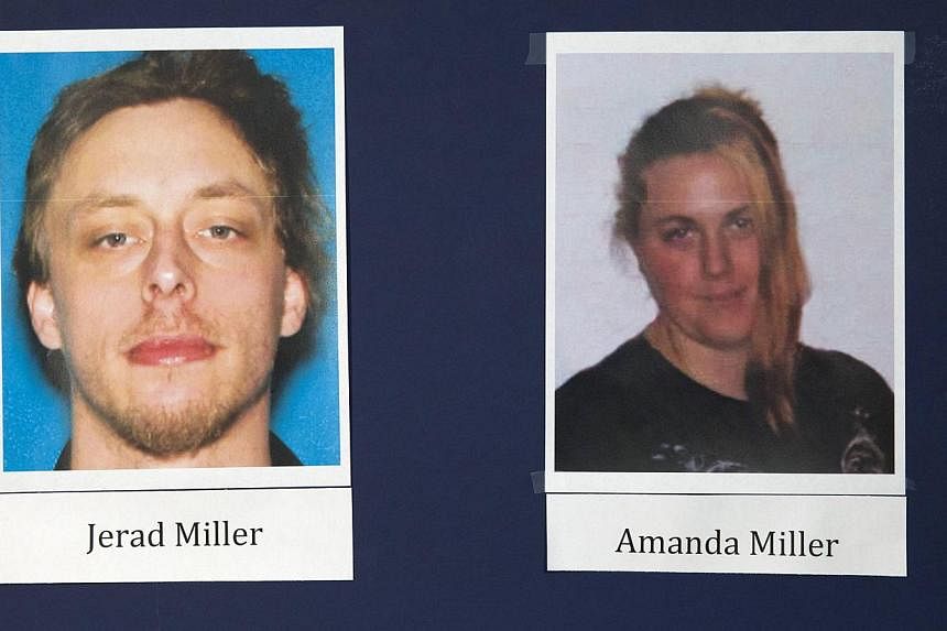Photos of shooting suspects Jerad and Amanda Miller are displayed during a news conference at Metro Police headquarters in Las Vegas on June 9, 2014. -- PHOTO: REUTERS