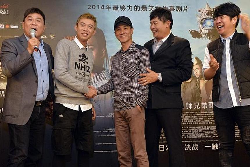 From left:&nbsp;Director Jack Neo, actor Wang Weiliang, getai veteran Wang Lei, actor Chen Tianwen and veteran singer-songwriter Roy Loi.&nbsp;An uneventful press conference on Tuesday, June 10, 2014, to promote Jack Neo's second lion dance-themed mo
