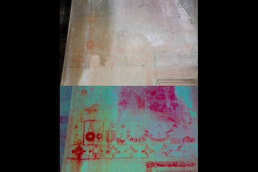 Mr Tan (above) at Cambodia's Angkor Wat. While volunteering at an excavation project at the 12th century site in 2010, he stumbled upon markings, including this painting (below). The never-before-seen paintings caused a stir in the archaeology commun