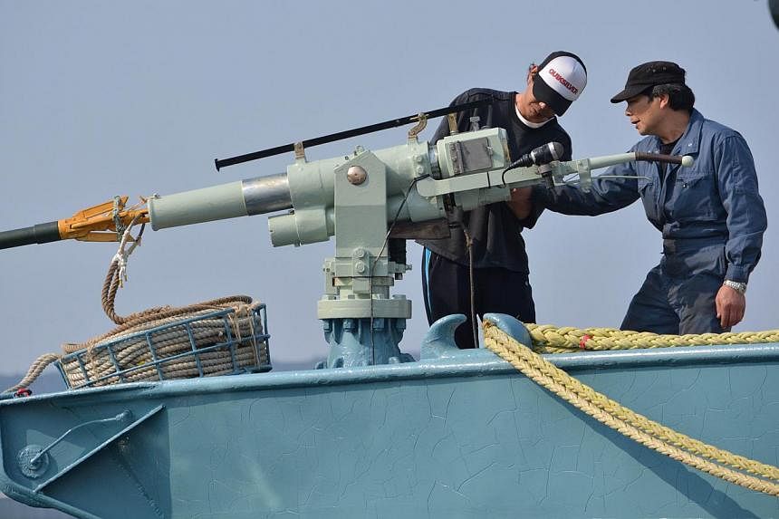 This file picture taken on April 26, 2014 shows crew members of a whaling ship checking a whaling gun or harpoon before departure at Ayukawa port in Ishinomaki City, northern Japan. Japan has slaughtered 30 minke whales off its north-east coast, in t