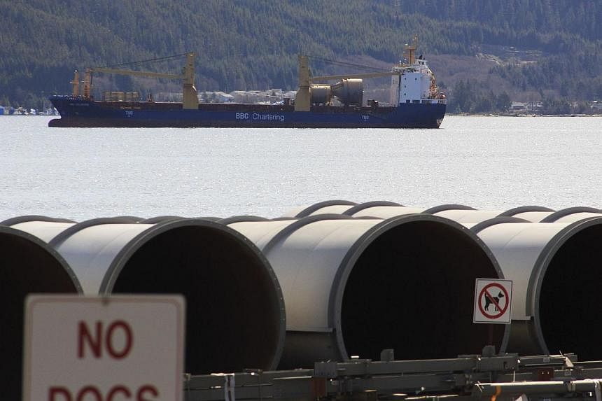 Construction materials for the Rio Tinto Alcan modernization project are shown at Hospital Beach outside the town of Kitimat, in northern British Columbia on April 12, 2014.&nbsp;Canada approved construction on Tuesday of a pipeline to the Pacific Oc