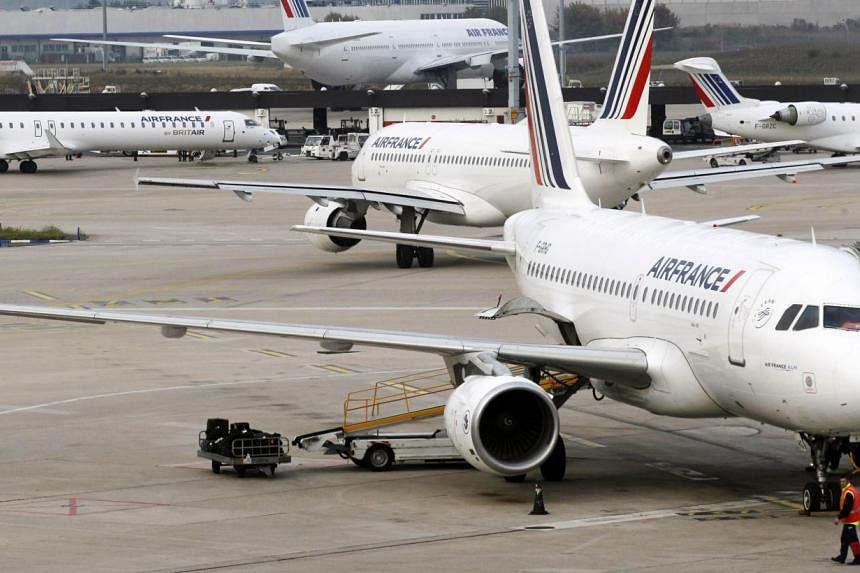 Planes at a French airport. The country's civil aviation body urged airlines on Monday to cut flights by up to 20 per cent in Paris and some other cities due to an air controllers' strike, which is due to start on Tuesday for six days. PHOTO: AFP