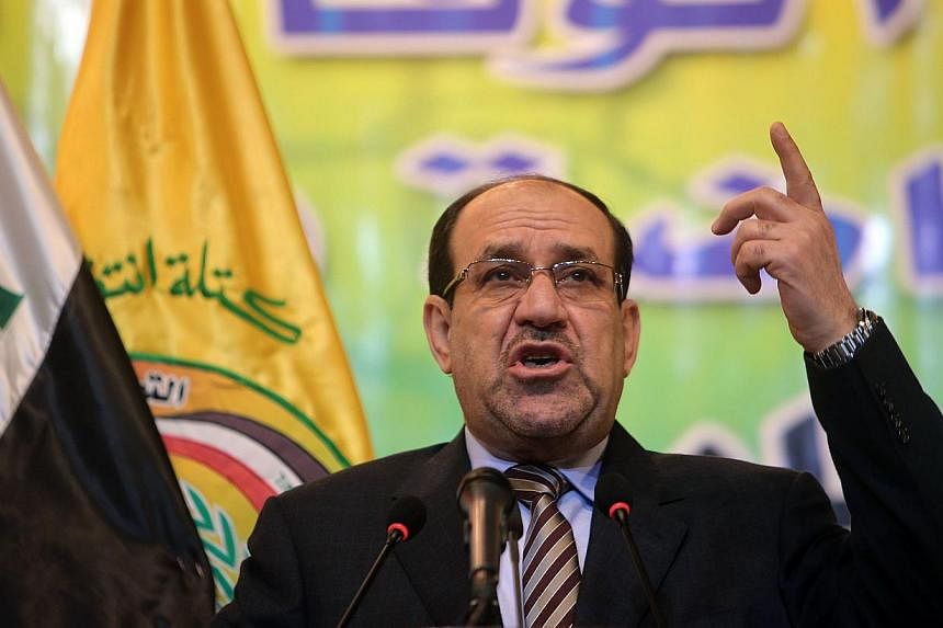 Iraqi Prime Minister Nuri al-Maliki speaking during a political meeting in Baghdad, attended by members of the army and political leaders to talk about the ongoing fighting between the Iraqi army and Al-Qaeda-linked groups in the Anbar province.&nbsp