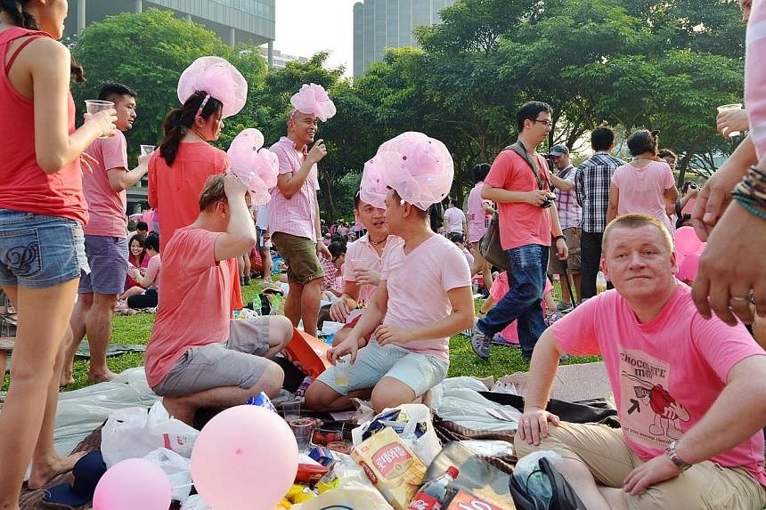 Some of the participants of the Pink Dot mass picnic event held on June 29, 2013.&nbsp;The police on June 26, 2014, issued an advisory to the public ahead of this Saturday's Pink Dot event, urging attendees to "keep the peace" and reminding organiser