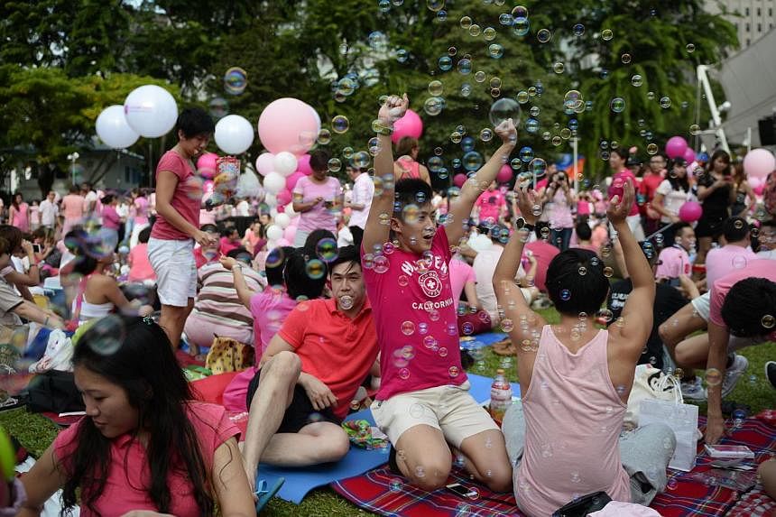Participants at the sixth annual Pink Dot event at Hong Lim Park on June 28, 2014. -- ST PHOTO: MARK CHEONG