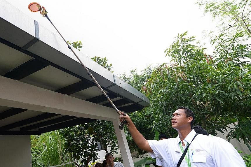 An NEA officer checking the roof of a house in Da Silva Lane for mosquito breeding habitats. The number of dengue cases is expected to continue rising as the weather becomes warmer.