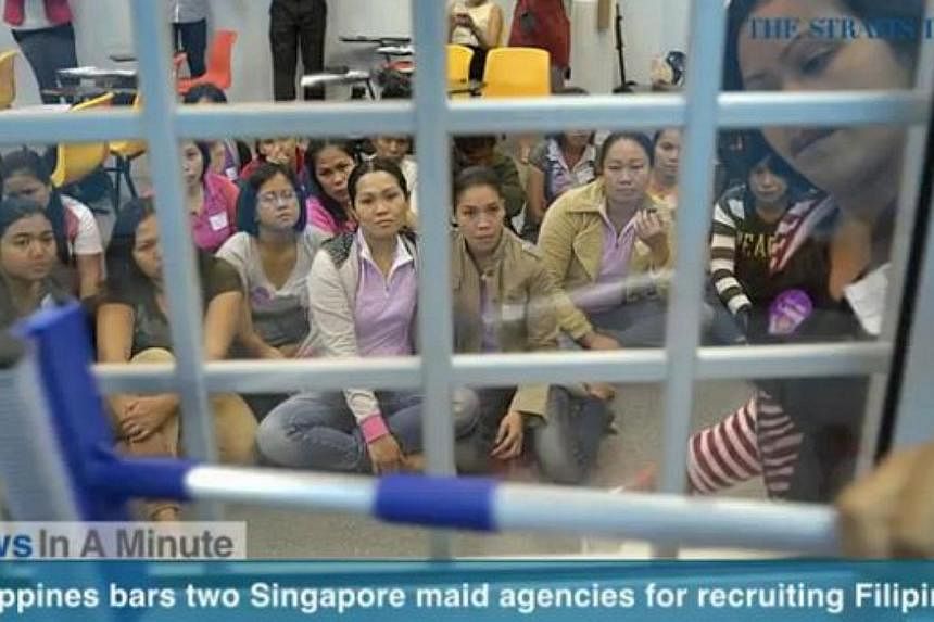 In today's The Straits Times News In A Minute video, we look at how the Philippines has barred two maid agencies here from recruiting Filipinos after a report that maids here were being treated like commodities. -- PHOTO: SCREENGRAB
