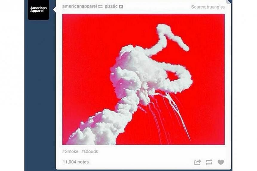 This ad taken from American Apparel's Tumbler page, set off fireworks on social media after they mistakenly posted a picture of the Challenger space shuttle disaster before the Fourth of July.&nbsp;American Apparel has apologised after a social media