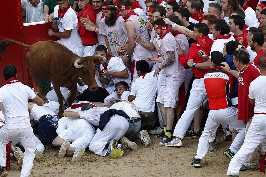 A fighting cow leaps over festival goers as she enters the ring following the first running of the bulls at the San Fermin festival in Pamplona on July 7, 2014. The young cows, known as vaquillas, are released into the ring following each running of 