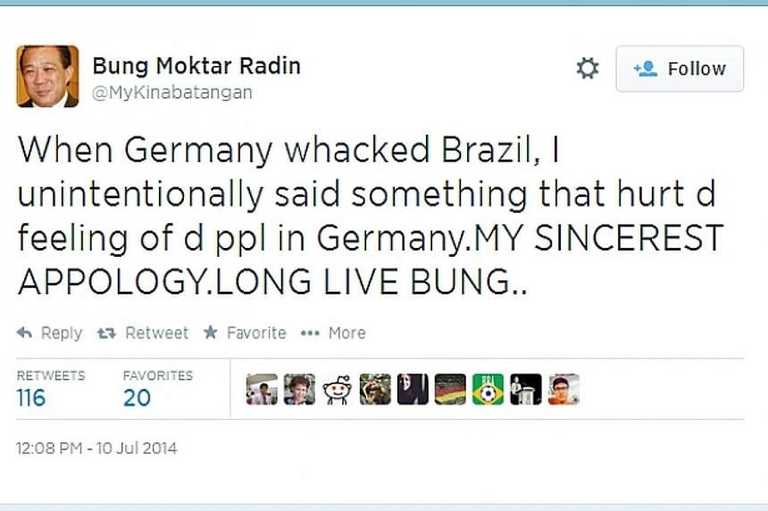 Screen capture from the&nbsp;Twitter account of&nbsp;Malaysian MP Datuk Bung Mokhtar Radin. Mr Bung&nbsp;apologised on Thursday for an offensive tweet praising Adolf Hitler which he posted following Germany's thumping victory 7-1 over Brazil in the F