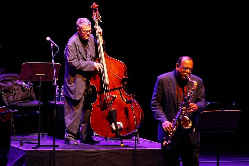 Veteran jazz player Charlie Haden (left) with his Quartet West members performing at the Mosaic Music Festival 2011 at the Esplanade Concert Hall on 12 March 2011. -- PHOTO: THE ESPLANADE CO LTD