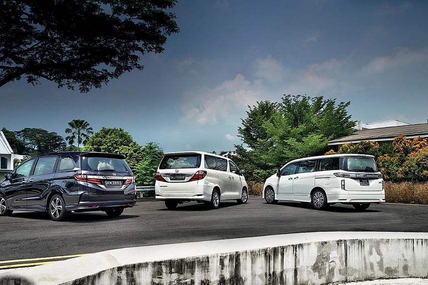 (From left) The Honda Odyssey, Toyota Alphard and Nissan Elgrand have their individual appeal.