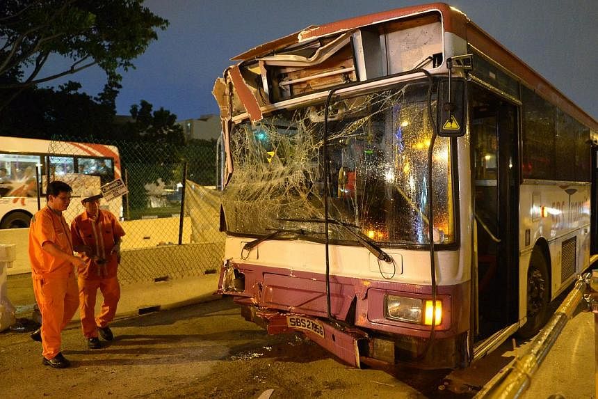 One of the two buses involved in the accident. A Singapore Civil Defence Force spokesman said 23 passengers, who sustained minor injuries like cuts and bruises, were taken to Tan Tock Seng Hospital.