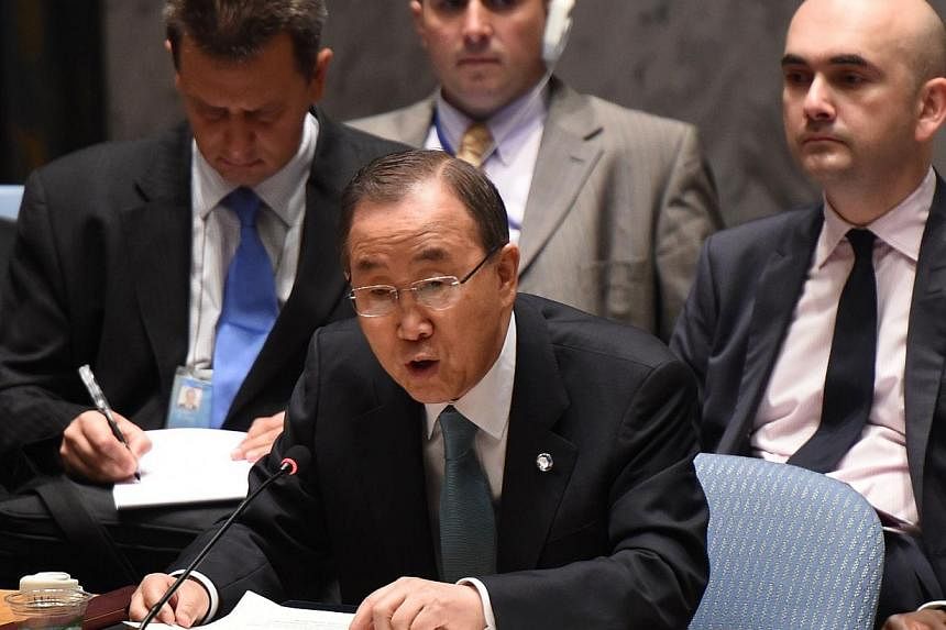 The United Nations Secretary General Ban Ki-moon addresses the United Nations Security Council during a meeting to discuss the situation in the Middle East July 10, 2014 at the United Nations in New York.&nbsp;"Too many" Palestinian civilians have be