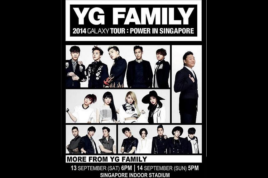 South Korean entertainment agency YG is brings its stable of artists to town. It will be holding its first YG Family concert in Singapore this September. -- PHOTO: FACEBOOK / ONE PRODUCTION