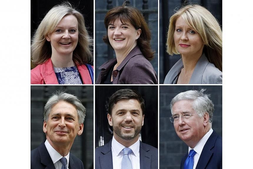 A combination photograph shows Britain's new Cabinet members, (top, left to right) Secretary of State for Environment, Food and Rural Affairs Liz Truss, Secretary of State for Education Nicky Morgan, Secretary of State for Employment Esther McVey, (b