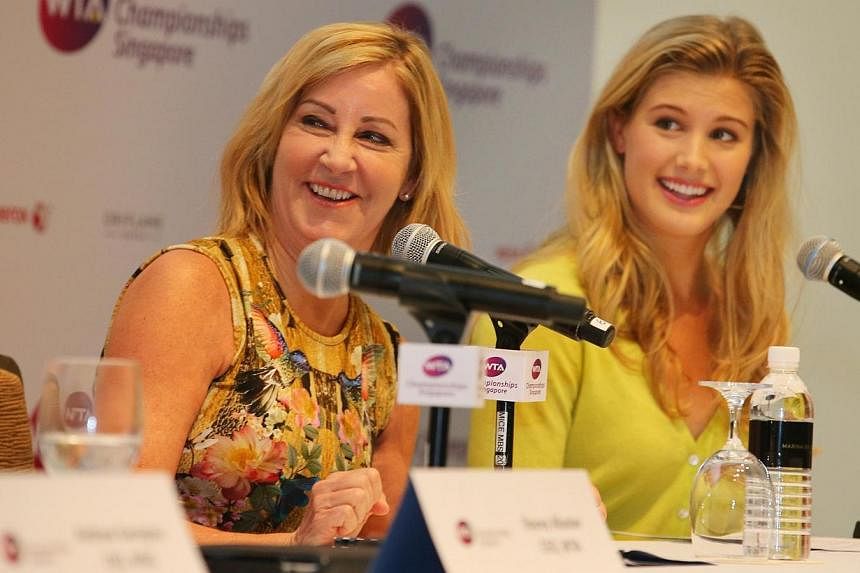 Chris Evert (left) former world No. 1 tennis player and Eugenie Bouchard, the current world No. 19 tennis player at a press conference held at the Singapore ArtScience Museum.&nbsp;Local telco StarHub reaffirmed its support for local sports on Thursd