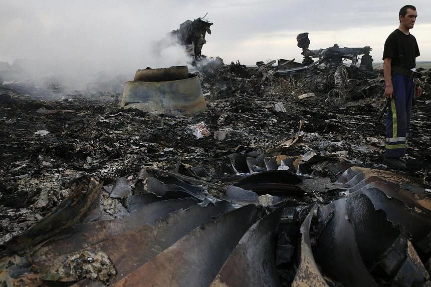 An emergencies ministry member walks at the site of a Malaysia Airlines Boeing 777 plane crash near the settlement of Grabovo in the Donetsk region on July 17, 2014. -- PHOTO: REUTERS