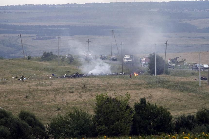 The site of a Malaysia Airlines Boeing 777 plane crash is seen near the settlement of Grabovo in the Donetsk region on July 17, 2014. Canadian Prime Minister Stephen Harper called Russian aggression "the root of the ongoing conflict" in Ukraine on Th