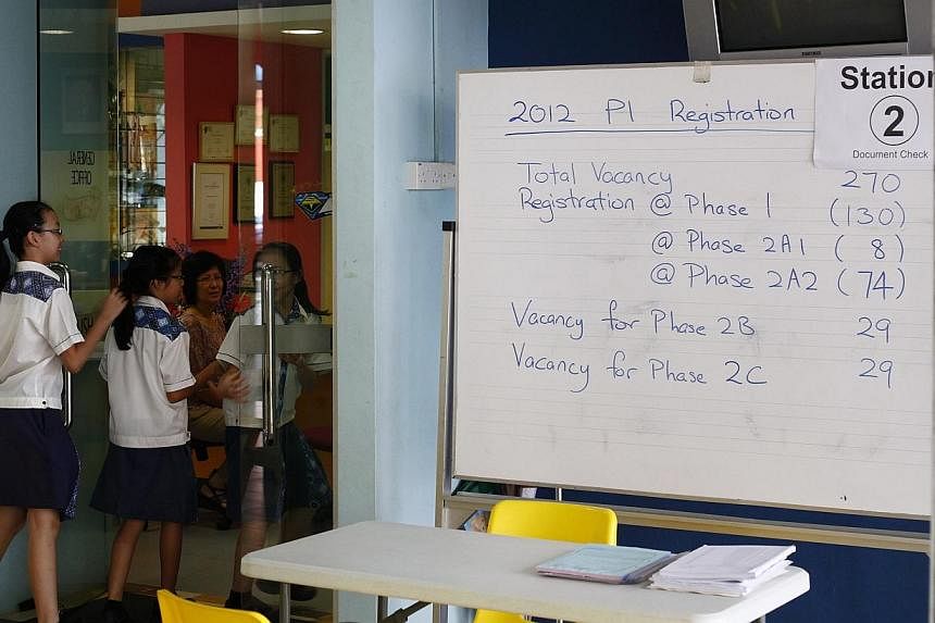 Fewer schools this year may have to conduct balloting for the next stage of Primary 1 registration, Phase 2B, which starts on Monday, July 21, 2014. -- PHOTO: ST FILE
