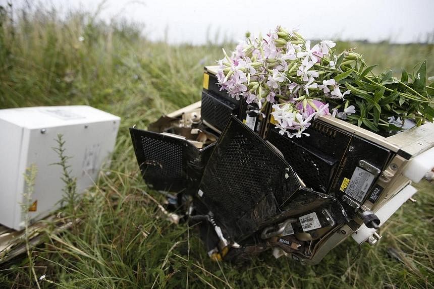 Flowers lie on debris from a Malaysian Airlines Boeing 777 plane which was downed on Thursday near the village of Rozsypne, in the Donetsk region on July 18, 2014.&nbsp;First came the loud explosion that made buildings rattle: Then it started raining
