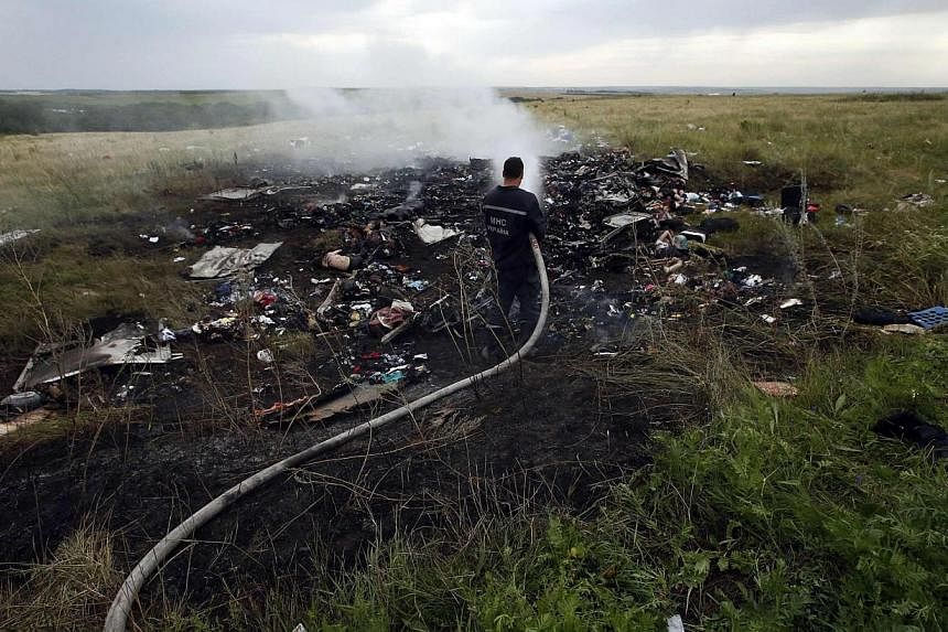 A man works at putting out a fire at the site of a Malaysia Airlines Boeing 777 plane crash in the settlement of Grabovo in the Donetsk region, July 17, 2014. -- PHOTO: REUTERS