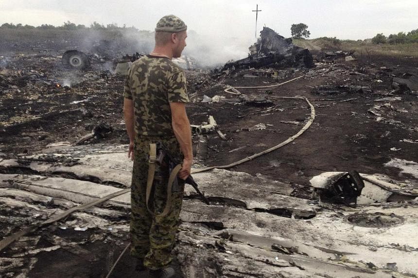 An armed pro-Russian separatist stands at a site of a Malaysia Airlines Boeing 777 plane crash in the settlement of Grabovo in the Donetsk region, July 17, 2014. The Malaysian airliner MH-17 was shot down over eastern Ukraine on Thursday, killing all