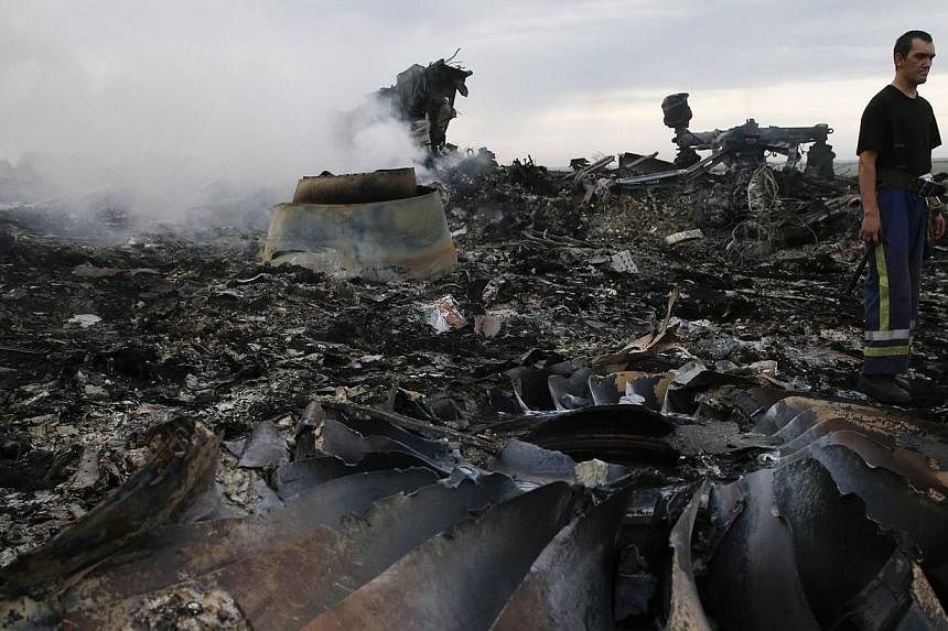 An Emergencies Ministry member walks at the site of a Malaysia Airlines Boeing 777 plane crash near the settlement of Grabovo in the Donetsk region on July 17, 2014. -- PHOTO: REUTERS