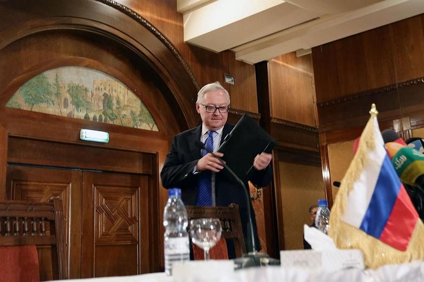 Russian Deputy Foreign Minister Sergei Ryabkov at a press conference on June 28, 2014 in Damascus. Mr Ryabkov said the US administration sought to pin the blame on separatists and Russia without waiting for the results of an investigation. -- PHOTO: 