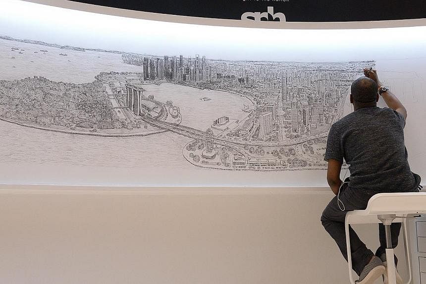 Mr Stephen Wiltshire is into the third day of creating the Singapore skyline on a 4m by 1m canvas at Paragon Shopping mall. His drawing so far includes iconic locations such as Gardens by the Bay.