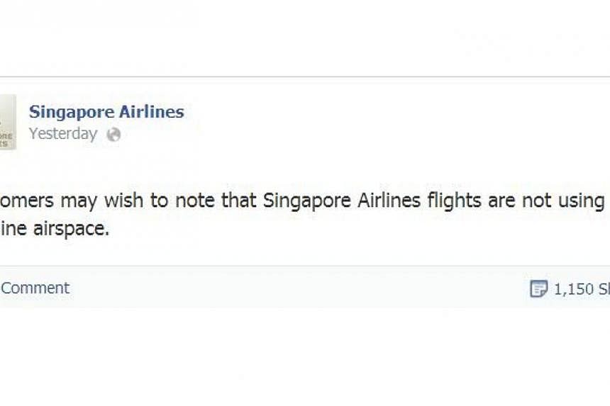 A screengrab of Singapore Airlines' Facebook posting that the airline does not fly over Ukraine airspace, which has come under fire by many users who felt that it was in bad taste. -- SCREENGRAB: FACEBOOK / SINGAPORE AIRLINES
