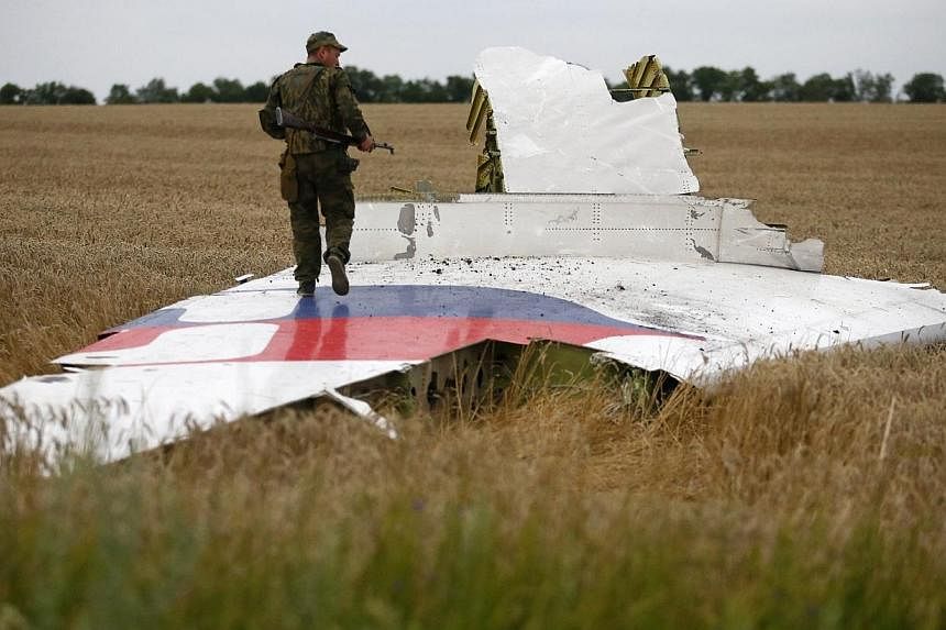An armed pro-Russian separatist stands on part of the wreckage of the Malaysia Airlines Boeing 777 plane after it crashed near the settlement of Grabovo in the Donetsk region, on July 17, 2014.&nbsp;International anger towards Russia mounted on Sunda