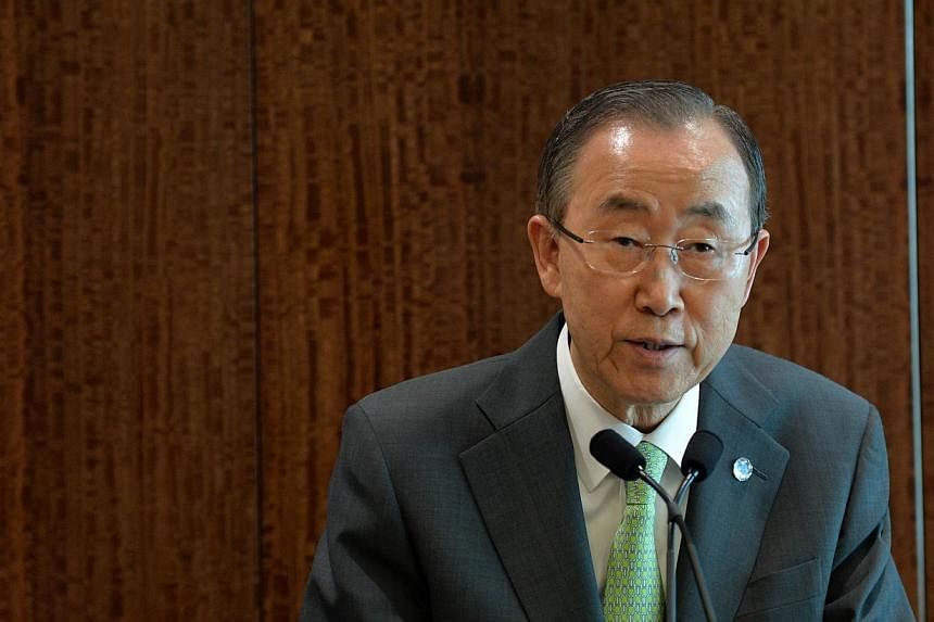 United Nations Secretary General Ban Ki-moon gives statements about Syria, Gaza and the downing of a Malaysian airline over Ukraine at UN headquarters in New York on July 17, 2014. -- PHOTO: AFP