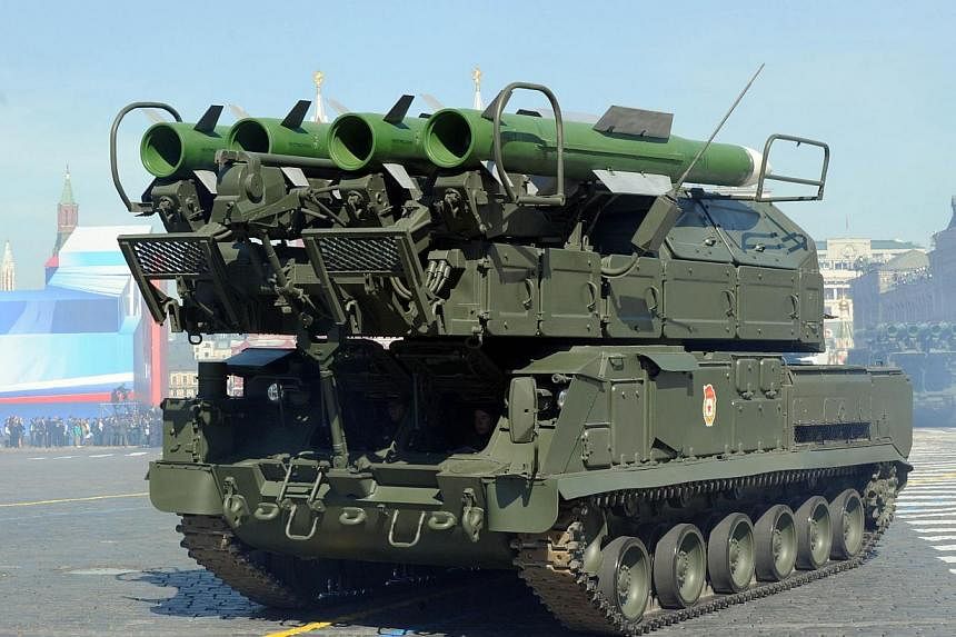This file picture taken on May 9, 2013 shows a Russian air defence Buk-2M arnoured vehicle at the Red Square in Moscow during Victory Day parade.&nbsp;The United States has confirmed that Russia supplied sophisticated missile launchers to rebels in e