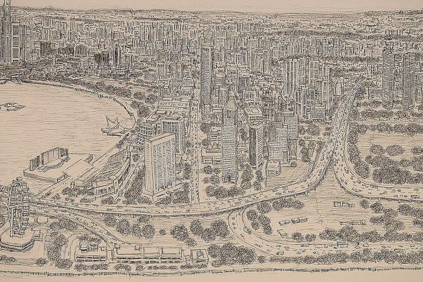 A close-up of architectural artist Stephen Wiltshire's panorama of the Singapore cityscape, which he completed after five days.&nbsp;-- ST PHOTO:&nbsp;DESMOND WEE
