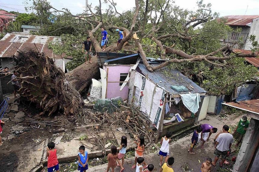 Residents look at a fallen tree which damaged four houses after Typhoon Rammasun battered the town for two days, in Rosario, Cavite city, south of Manila on July 18, 2014. -- PHOTO: REUTERS