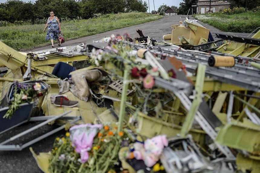 A woman walks past pieces of the wreckage of the Malaysia Airlines flight MH17 near the village of Grabove, in the region of Donetsk on July 20, 2014. The missile system used to shoot down a Malaysian airliner was given to pro-Russian separatists in 