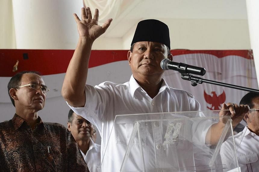 Indonesian presidential candidate Prabowo Subianto delivers a statement to the media in Jakarta on July 22, 2014. -- PHOTO: REUTERS