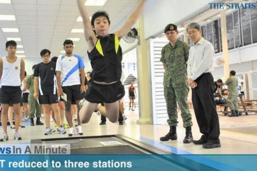 In today's The Straits Times News In A Minute video, we look at how the Individual Physical Proficiency Test for National Servicemen will be reduced from the current five to three stations, among other issues. -- PHOTO: SCREENGRAB FROM VIDEO