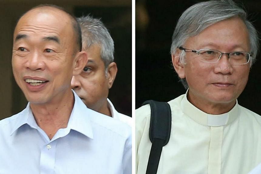 Seow Tiong Bin (left), 60, a designer and consultant of Access Safety Technology, and parish priest Tan Kong Eng, 61, commonly referred to as Father Peter Tan, pleaded guilty on Tuesday to three and two charges respectively. -- ST PHOTOS:&nbsp;ONG WE