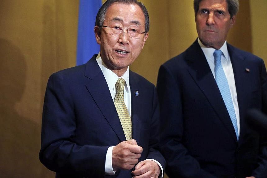 UN Secretary-General Ban Ki Moon (left) makes a statement regarding the violence in Gaza before his meeting with US Secretary of State John Kerry in Cairo on July 24, 2014.&nbsp;Mr Kerry huddled on Friday with Mr Ban and Egypt's foreign minister as p