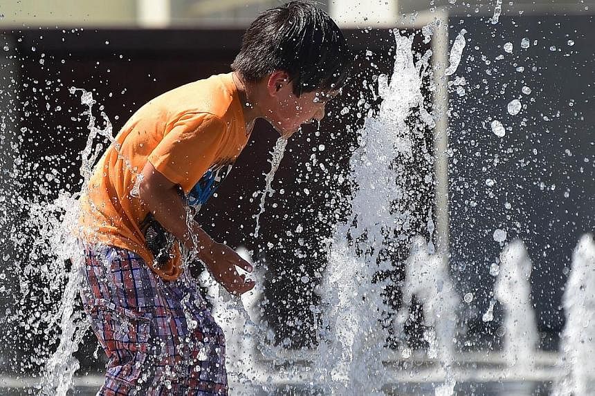 Children cool off playing among water fountains at a downtown park in Los Angeles, California on May 14, 2014. From 1998 through 2013 in the United States, officials say, an average of 38 children a year have died of heat stroke in cars - the overwhe