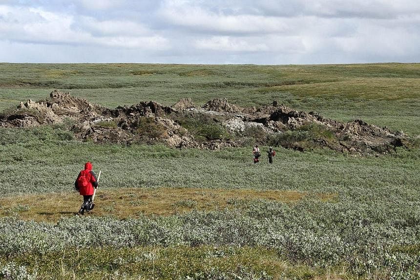 This picture handout on July 26, 2014, by the press service of the governor of the Yamalo-Nenets region shows a scientist walking close to the crater.&nbsp;-- PHOTO: AFP/PRESS SERVICE OF THE GOVERNOR OF THE YAMALO-NENETS REGION